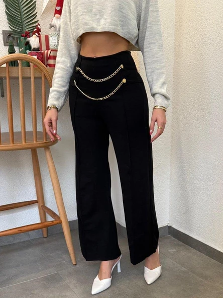 Kadın Beli Zincir Detay Ithal Krep Pantolon - 1