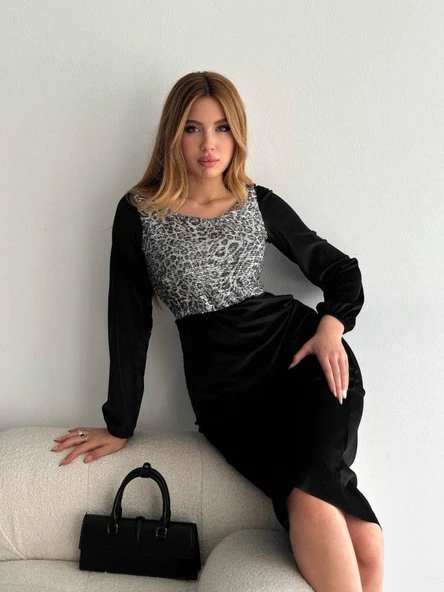 Kadın Fırsat ürünü Leopar Desen Pul Payet Işlemeli Midi Boy Kadife Kumaş Elbise - Resim 3