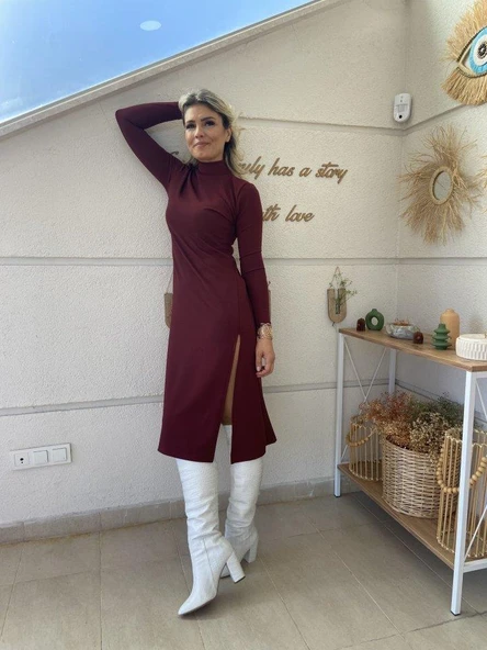 Kadın Uzun Kollu Balıkçı Yaka Derin Yırtmaç Detay Krep Elbise - Resim 9