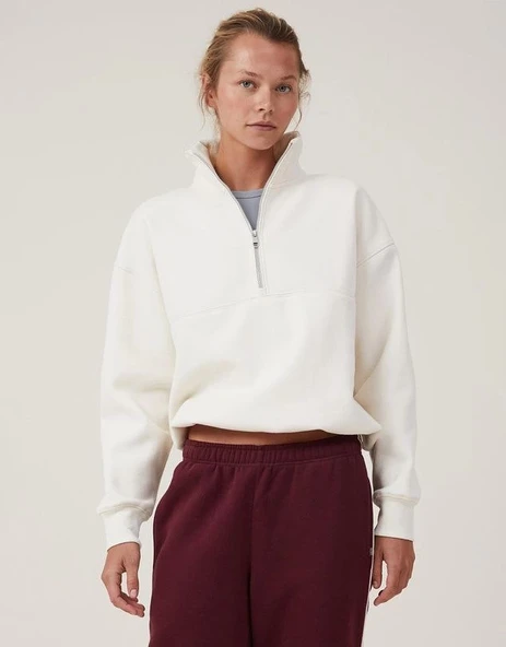 Oversize Yarım Farmuarlı Yakalı Basic SweatShirt - Beyaz - 1
