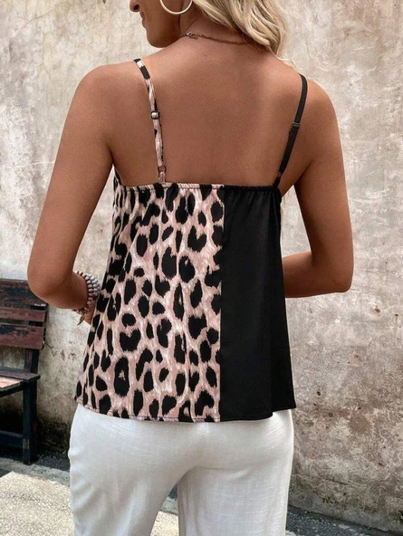 Kadın Ip Askılı V Yakalı Leopar Desenli Viskon Bluz - Resim 4