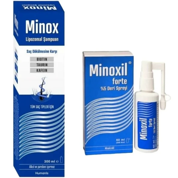 Minox Saç Dökülmesine Karşı Lipozomal Şampuan 300 ml Ve Minoxil Forte %5 60 ml Paket Deri Bakım Spreyi ürün görseli