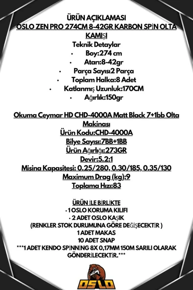Oslo Zen Pro 274cm 8-42gr Okuma Ceymar 4000 Spin Olta Seti - 2
