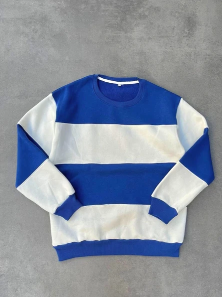 Parçalı Bisiklet Yaka Baskılı SweatShirt - Mavi ürün görseli