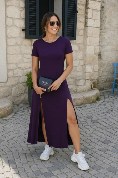 Kadın Kısa Kollu Sırt Dekolteli Yırtmaç Detaylı Viskon Elbise ürün görseli