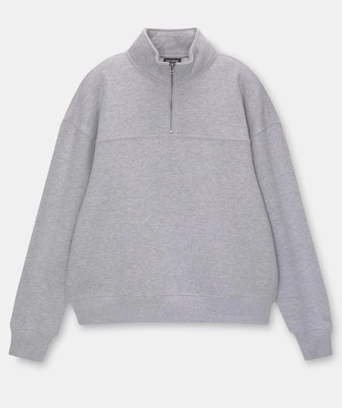 Oversize Yarım Farmuarlı Yakalı Basic SweatShirt - Gri - 1