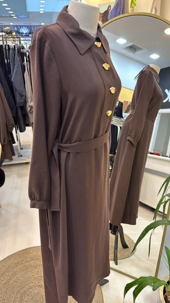 Nuss kemer Detayli Elbise - Kahve 2007 - Resim 6