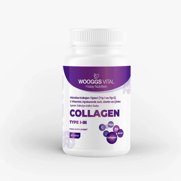 Wooggs Vital Hidrolize Kollajen Tipleri (Tip 1 ve Tip 3), C Vitamini, Hyaluronik Asit, Biotin ve Çinko Takviye Edici Gıda 60 Tablet - 1
