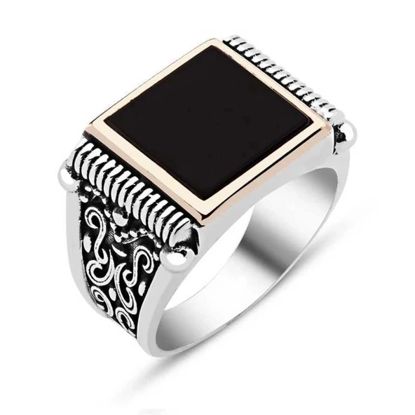 Gümüş Siyah Taşlı Erkek Yüzük ürün görseli 1