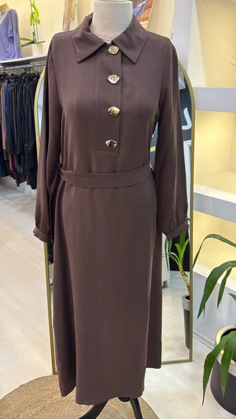 Nuss kemer Detayli Elbise - Kahve 2007 - Resim 2