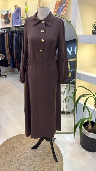 Nuss kemer Detayli Elbise - Kahve 2007 - Resim 4