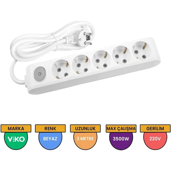 Viko 3 Metre Kablolu Anahtarlı ve Topraklı 5'li Priz ürün görseli 1