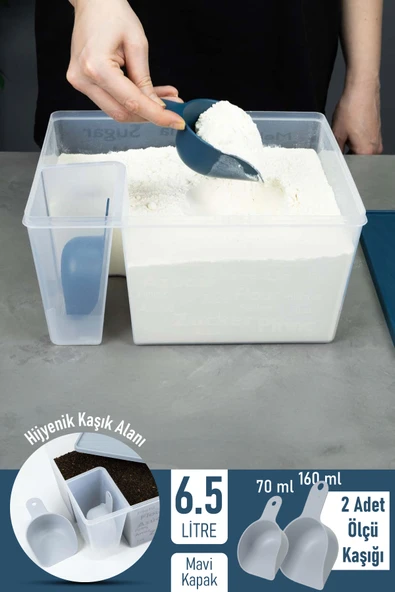 İronika Ölçü Kaşıklı Un Şeker Deterjan Saklama İstifleme Kabı Ölçülü Saklama Kutusu 6.5 Litre Mavi - 1