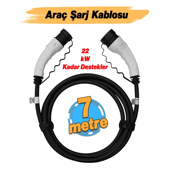 ( 7 Metre) Araç Şarj Kablosu 22 kW 3 Faz Type-2 Soket Elektrikli Çift taraflı Soketli Tak Çıkart - Resim 2