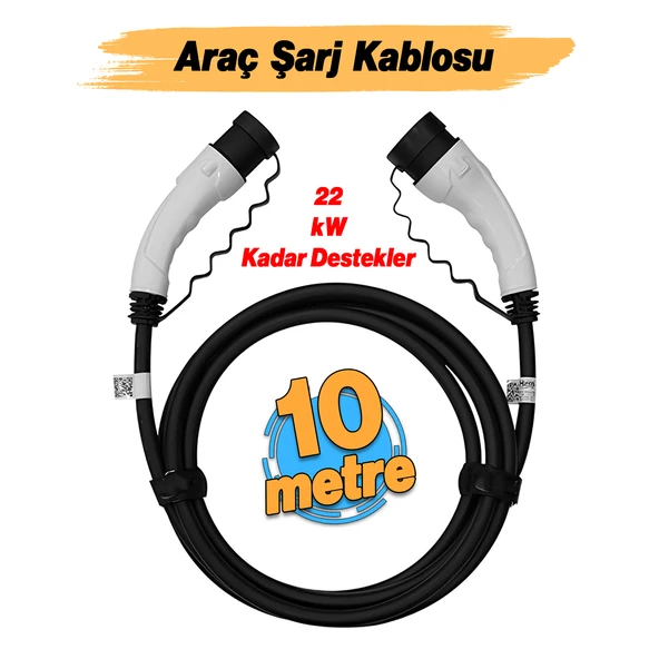 (10 Metre) Araç Şarj Kablosu 22 kW 3 Faz Type-2 Soket Elektrikli Çift taraflı Soketli Tak Çıkart - 2