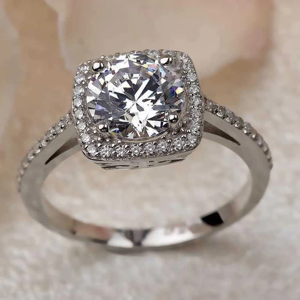 Gümüş Kare Tek Taş Bayan Yüzük - Resim 2