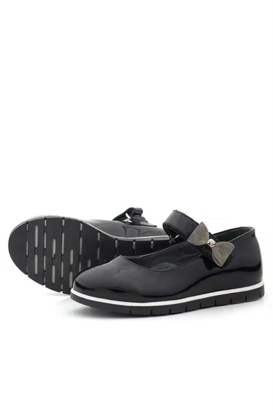 Rakerplus Hakiki Deri Siyah Rugan Kurdele Detaylı Kız Çocuk Babet - Resim 7