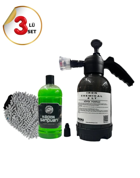 IRON CHEMICAL Köpük ve Kimyasal Pompası 2L, Cilalı Şampuan 1L & Mikrofiber Yıkama Eldiveni 3'lü Set | Araç Bakım Seti - 1