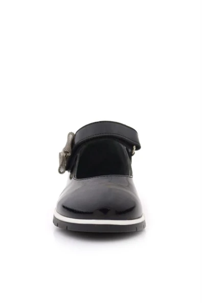 Rakerplus Hakiki Deri Siyah Rugan Kurdele Detaylı Kız Çocuk Babet - Resim 4