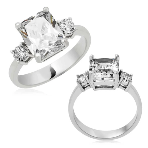 Gümüş Kare Montür Üç Taş Bayan Yüzük ürün görseli 1