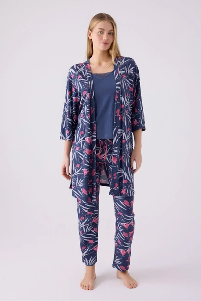 Pierre Cardin Kadın Mor Sabahlıklı Uzun Kol İp Askılı V Yaka 3'lü Pijama Takım