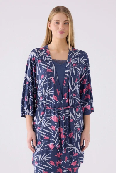 Pierre Cardin Kadın Mor Sabahlıklı Uzun Kol İp Askılı V Yaka 3'lü Pijama Takım - 2