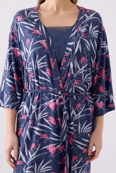 Pierre Cardin Kadın Mor Sabahlıklı Uzun Kol İp Askılı V Yaka 3'lü Pijama Takım - 5