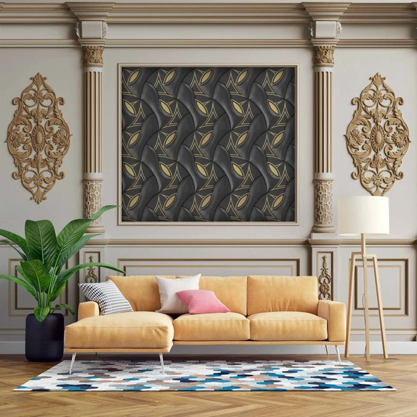 3D Beyaz Sütun Siyah Panel Saray Duvar Kağıdı Baskı