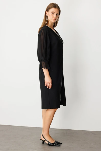 Şerit Taş Detaylı Kolları Tül Midi Elbise Ekol - Resim 2