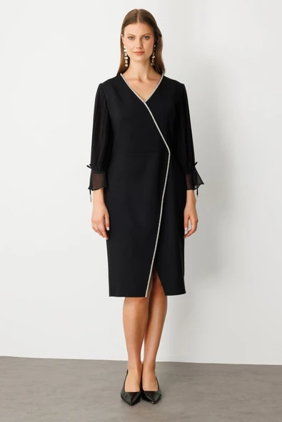 Şerit Taş Detaylı Kolları Tül Midi Elbise Ekol ürün görseli