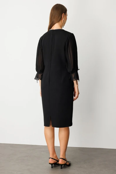 Şerit Taş Detaylı Kolları Tül Midi Elbise Ekol - Resim 4