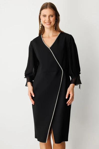 Şerit Taş Detaylı Kolları Tül Midi Elbise Ekol - Resim 3