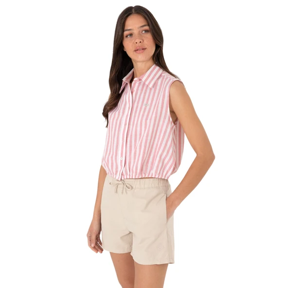 Kadın Pembe Çizgili Kısa Kollu Gömlek - Resim 10