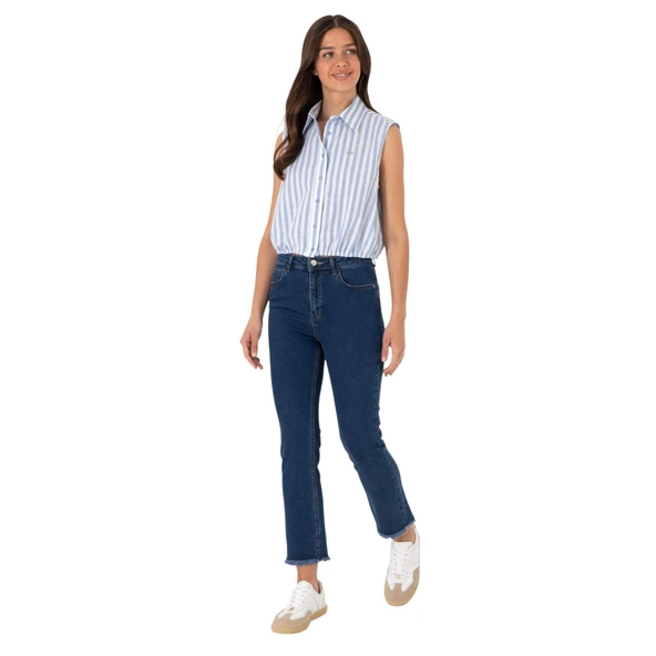 Kadın Pembe Çizgili Kısa Kollu Gömlek - Resim 5