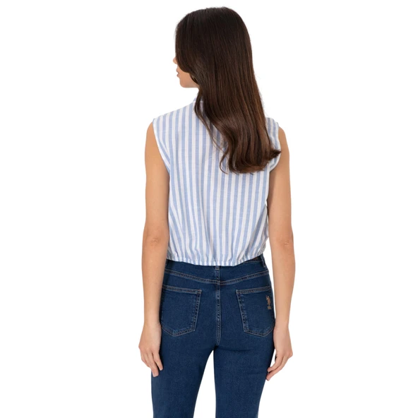 Kadın Pembe Çizgili Kısa Kollu Gömlek - Resim 6