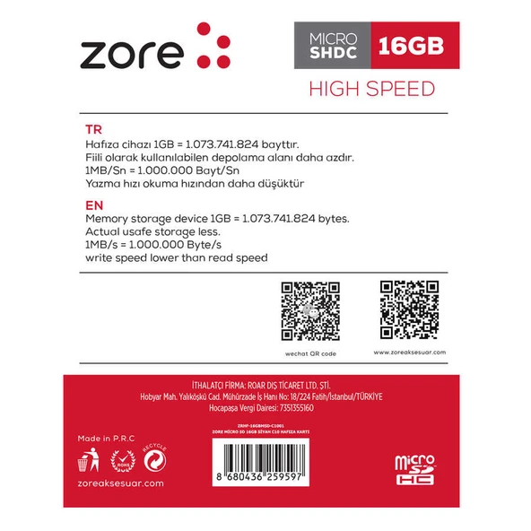Zore Micro SD Hafıza Kartı 16GB - Resim 2