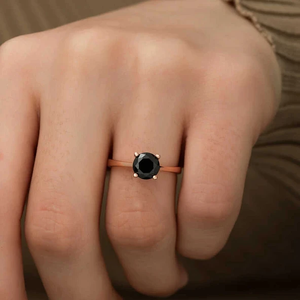 Gümüş Rose Siyah Tektaş Yüzük - Resim 5