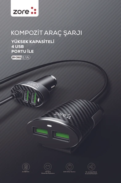 Zore ZR-C502 2+2 Araç Şarj Seti - Resim 7