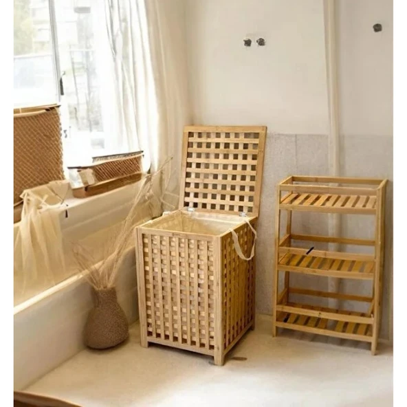 Büyük Boy Ahşap Bambu Kirli Sepeti 45x45x62 ürün görseli