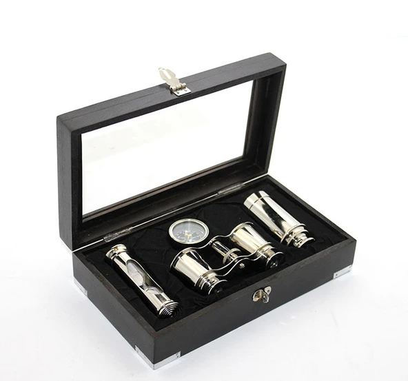 Ahşap Kutulu Pirinç Dürbün Pusula Ve Kum Saati Seti ürün görseli