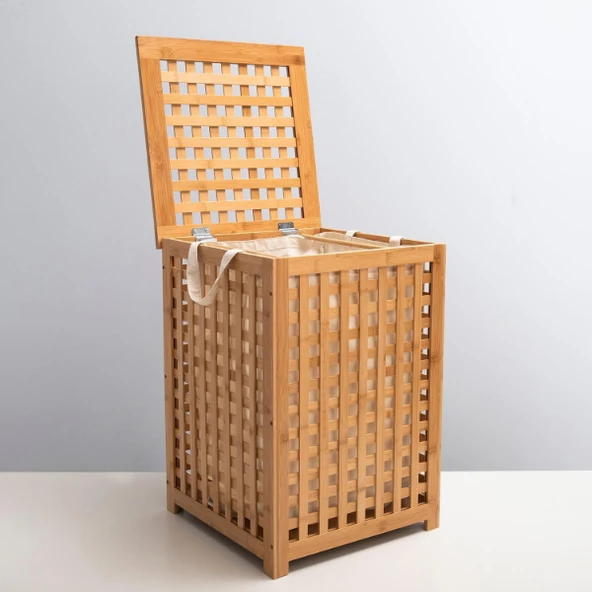 Büyük Boy Ahşap Bambu Kirli Sepeti 45x45x62 - Resim 2