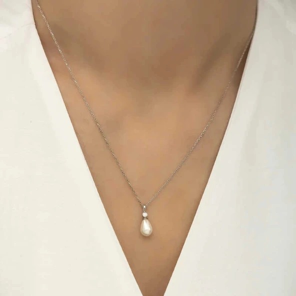Gümüş Damla İnci Bayan Kolye - Resim 2