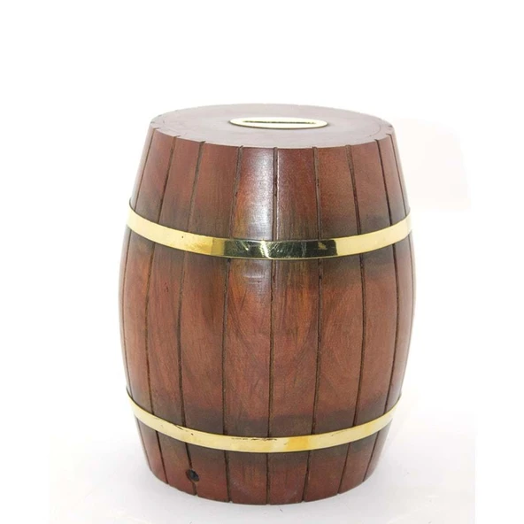 Pirinç Ahşap Fıçı Kumbara 18 Cm (Esk-WB536) - 1