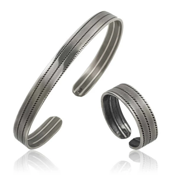 Supertrend Gümüş Çizgi Desenli Bileklik Ve Yüzük Set