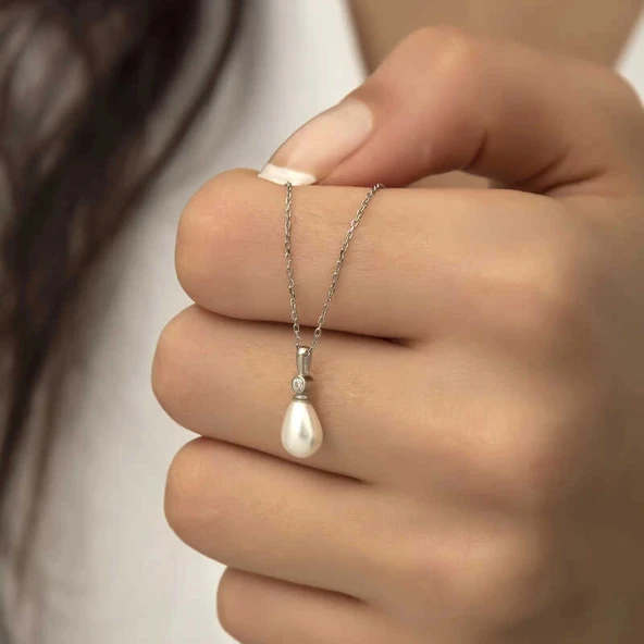 Gümüş Damla İnci Bayan Kolye - Resim 5