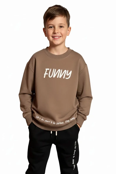 Funny (Eğlenceli) Yazı Desenli Kahverengi Erkek Çocuk Eşofman Takım - 2