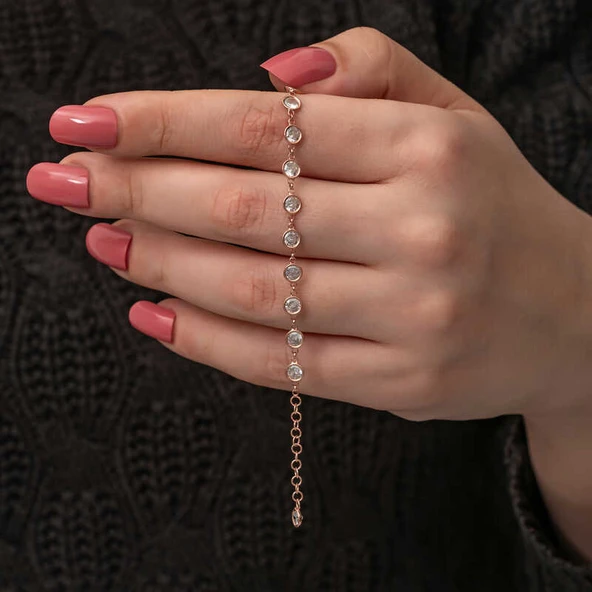 925 Ayar Gümüş Rose Beyaz Taşlı Kadın Bileklik T8730 - 1