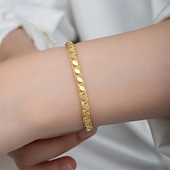 925 Ayar Gümüş Gold Pullu Zincir Kadın Bileklik T8278 - Resim 3