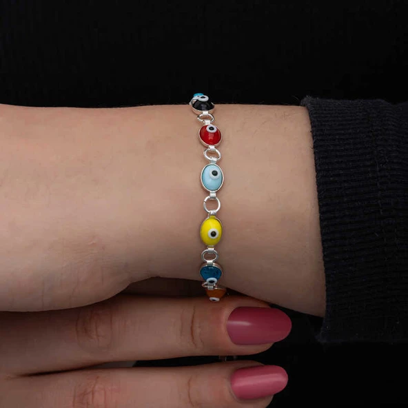 925 Ayar Gümüş Renkli Nazar Mineli Kadın Bileklik T8562 - Resim 5