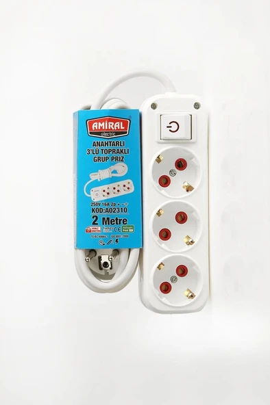 3 lü Topraklı Anahtarlı 2 Metre Kablolu Grup Priz - 1